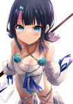  1girl absurdres bangs bare_shoulders black_hair blue_eyes blue_ribbon blush breasts collarbone detached_leggings dress fate/grand_order fate/requiem fate_(series) fundoshi highres japanese_clothes jewelry large_breasts leggings long_sleeves looking_at_viewer magatama magatama_hair_ornament magatama_necklace medium_hair multicolored_hair necklace pelvic_curtain pink_hair polearm puffy_long_sleeves puffy_sleeves ribbon sen_(astronomy) short_dress sideboob sideless_outfit sidelocks solo spear streaked_hair thighs utsumi_erice weapon white_background white_dress white_leggings 