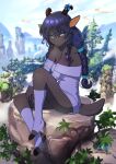  2022 anthro blue_eyes blurred_background bottomless bovid breasts brown_body brown_fur caprine clothed clothing cloud cloven_hooves curled_horns day detailed_background female female_anthro footwear fur goat hair hi_res hooves jecbrush kemono leaf long_hair looking_at_viewer mammal off_shoulder outside plant ponytail purple_hair signature sky smile smiling_at_viewer socks solo stirrup_socks tree 