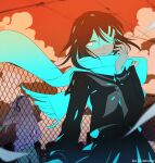  2girls aaniko anniversary aqua_scarf chain-link_fence closed_mouth cloud cloudy_sky commentary_request cowboy_shot daze_(kagerou_project) evening facing_away fence floating_scarf fringe_trim from_behind hair_ornament hairclip hood hood_up hoodie kagerou_project kido_tsubomi long_hair long_sleeves looking_at_viewer multiple_girls neckerchief no_pupils orange_sky outdoors pants partially_colored petals pink_eyes pleated_skirt sailor_collar scarf school_uniform serafuku shirt skirt sky solo_focus song_name standing tateyama_ayano wind 