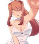  1girl absurdres bangs bare_shoulders bow breasts brown_hair choker cleavage closed_eyes collarbone contrapposto doki_doki_literature_club dot_nose dress facing_viewer hair_between_eyes hair_ornament high_ponytail highres large_breasts long_bangs mixed-language_commentary monika_(doki_doki_literature_club) multicolored_hair open_mouth orange_hair outstretched_hand raion_(raionart) simple_background sleeveless sleeveless_dress solo teeth two-tone_hair upper_body upper_teeth white_background white_bow white_choker white_dress 