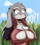  anthro big_breasts bodily_fluids breasts cleavage clothed clothing disney female fur grey_body grey_fur hi_res judy_hopps lagomorph leporid mammal nathanatwar popped_button rabbit solo sweat zootopia 