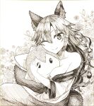  1girl animal_ears bangs breasts brooch character_doll cleavage closed_mouth commentary_request cowboy_shot dress flower fluff graphite_(medium) greyscale hair_between_eyes hatching_(texture) highres imaizumi_kagerou jewelry ke-su large_breasts long_hair long_sleeves looking_at_viewer monochrome off-shoulder_dress off_shoulder one_eye_closed sekibanki shikishi smile solo tail touhou traditional_media wolf_ears wolf_girl wolf_tail 