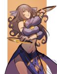  1girl bow brown_hair chakram detached_sleeves distr gift_art hair_bow highres holding holding_weapon long_hair looking_at_viewer navel original parted_lips pelvic_curtain purple_eyes sketch smile solo standing weapon 