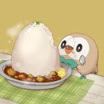  bird black_eyes blush bowl bright_pupils commentary_request curry eating food food_on_face highres hiyoko_kurabu holding holding_spoon no_humans open_mouth pokemon pokemon_(creature) rice rowlet solo sparkle spoon steam white_pupils 