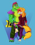  2022 alligator alligatorid animal_humanoid anthro canid canid_humanoid canine canis clothing crocodile crocodilian crocodylid digital_media_(artwork) dodger_akame_(character) draftgon duo five_nights_at_freddy&#039;s five_nights_at_freddy&#039;s:_security_breach green_body hair hi_res humanoid male male/male mammal mammal_humanoid montgomery_gator_(fnaf) muscular reptile scalie scott_cawthon scottgames shaded signature simple_background steel_wool_studios teeth video_games 