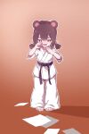  1girl absurdres animal_ears barefoot bell belt black_belt blush brown_hair child chinese_commentary clenched_hands commentary_request crying dougi hair_bell hair_between_eyes hair_ornament half-closed_eyes hands_up highres karate karate_gi kuma-bound nose_blush open_mouth orange_background original pants paper red_eyes short_sleeves short_twintails solo standing toes twintails white_pants 