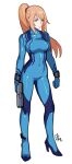  1girl blonde_hair blue_bodysuit blue_eyes bodysuit boots breasts cameltoe closed_mouth commission contrapposto covered_navel distr full_body gun handgun high_heel_boots high_heels highres holding holding_gun holding_weapon large_breasts metroid ponytail samus_aran simple_background solo weapon white_background zero_suit 