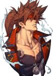  1boy black_shirt brown_eyes brown_hair collarbone guilty_gear high_ponytail hungry_clicker long_hair male_focus muscular muscular_male ponytail red_vest shirt simple_background sol_badguy solo vest white_background 