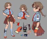  1girl adjusting_clothes adjusting_necktie atte_nanakusa axe blue_eyes blue_shirt blue_socks braid brown_hair calendar_(object) candy candy_bar closed_eyes closed_mouth clothes_around_waist defender_(atte_nanakusa) facing_viewer fire_axe food gloves grey_background grey_shorts grin hand_on_hip hatchet_(axe) highres holding holding_axe jacket jacket_around_waist multicolored_hair multiple_views necktie orange_gloves original red_necktie shirt shorts simple_background slippers smile socks streaked_hair twin_braids walkie-talkie 