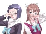  2girls blue_eyes bow brown_hair commentary_request covering_eyes covering_mouth hair_bow hand_over_eye hand_over_own_mouth long_hair matou_yumi medium_hair multiple_girls nagawa_midori nishieda no_eyewear pure_mail purple_eyes purple_hair school_uniform sidelocks 