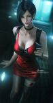  1girl ada_wong artist_name bandaged_leg bandages bangs black_choker black_hair bracelet breasts choker cleavage collarbone cowboy_shot dress grey_eyes gun handgun holding holding_gun holding_weapon indoors jewelry looking_at_viewer medium_breasts patreon_username red_dress resident_evil resident_evil_2 short_dress short_hair sleeveless sleeveless_dress solo swept_bangs weapon wickellia 