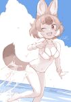  1girl ;d animal_ear_fluff animal_ears bare_legs bare_shoulders barefoot bikini blue_sky breasts cloud commentary dhole_(kemono_friends) dog_ears dog_girl dog_tail extra_ears front-tie_bikini_top front-tie_top gloves highres kemono_friends looking_at_viewer masuyama_ryou medium_breasts multicolored_hair navel one_eye_closed open_mouth short_hair side-tie_bikini_bottom sketch sky smile solo splashing spot_color swimsuit tail water 