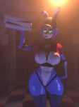  2020 3d_(artwork) animatronic anthro areola baseball_cap big_breasts black_nose blue_body bottomless breasts clothed clothing digital_media_(artwork) female five_nights_at_freddy&#039;s five_nights_at_freddy&#039;s_2 genitals green_eyes hat headgear headwear hi_res lagomorph leporid lips looking_at_viewer machine mammal navel pink_areola pizza_box pussy rabbit red_lips robot scottgames shirt solo sunr4y topwear toy_bonnie_(fnaf) video_games white_body 