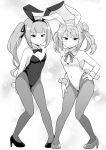  &gt;:( 2girls alternate_costume animal_ears bare_shoulders blush bow bowtie breasts closed_mouth covered_groin covered_navel detached_collar double_bun fake_animal_ears full_body greyscale hair_bun hair_ribbon hairband hand_on_own_hip high_heels highres kantai_collection kasumi_(kancolle) leotard logo long_hair looking_at_viewer michishio_(kancolle) monochrome multiple_girls pantyhose playboy_bunny rabbit_ears rabbit_tail ribbon shoes short_twintails side_ponytail small_breasts small_sweatdrop strapless strapless_leotard sweat tail tenshin_amaguri_(inobeeto) traditional_bowtie twintails v-shaped_eyebrows very_long_hair white_background wing_collar wrist_cuffs 