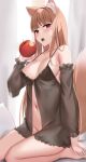  1girl absurdres animal_ears apple babydoll bangs bare_shoulders bitten_apple blunt_bangs blush breasts brown_hair detached_sleeves fangs food food_bite fruit groin hand_up highres holding holding_food holding_fruit holo lingerie long_hair looking_at_viewer medium_breasts navel open_mouth raised_eyebrows red_eyes seiza sitting skai_kun solo spaghetti_strap spice_and_wolf stomach straight_hair tail teeth underwear very_long_hair wolf_ears wolf_girl wolf_tail 