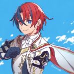  1boy alear_(fire_emblem)_(male) armor bangs cape crossed_bangs fire_emblem_engage hair_between_eyes heterochromia highres jewelry juria0801 looking_at_viewer multicolored_hair parted_bangs red_eyes short_hair smile solo two-tone_hair 
