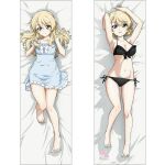  arm_behind_head armpits arms_up bare_legs barefoot bikini black_bikini blonde_hair blue_dress blue_eyes blush bow braid breasts cleavage collarbone color_variation copyright_name dakimakura_(medium) darjeeling_(girls_und_panzer) dress frilled_bikini frilled_dress frills girls_und_panzer groin hair_between_eyes hair_down hands_in_own_hair legs looking_at_viewer lying merchandise_available navel official_art on_back on_bed puffy_short_sleeves puffy_sleeves short_sleeves side-tie_bikini_bottom smile spread_toes sugimoto_isao swept_bangs swimsuit thighs toes wavy_hair white_bow 