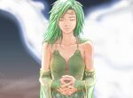  1girl breasts cape closed_eyes closed_mouth collarbone detached_sleeves dress final_fantasy final_fantasy_iv green_hair hair_ornament highres long_hair rydia_(ff4) solo 