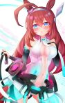  absurdres ahoge blue_eyes blush breasts brown_hair center_opening commentary cosplay detached_sleeves hairband hand_on_own_chest hatsune_miku hatsune_miku_(append) hatsune_miku_(append)_(cosplay) highres horse_girl horse_tail large_breasts leotard metal_hairband mihono_bourbon_(umamusume) raku29_shi tail umamusume vocaloid white_leotard 