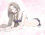  1girl aerith_gainsborough amemori_0207 bangs bare_arms bed_sheet black_bra black_panties bra breasts brown_hair choker cleavage collarbone cowboy_shot final_fantasy final_fantasy_vii final_fantasy_vii_remake green_eyes hair_down highres long_hair looking_at_viewer lying medium_breasts on_stomach panties parted_bangs pink_background solo under_covers underwear 