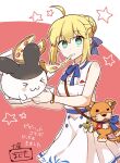  1girl ahoge artoria_pendragon_(fate) bag blonde_hair blue_bow bow dress eating excalibur_(fate/stay_night) fate/stay_night fate_(series) food food_on_face green_eyes handbag looking_at_viewer pizza pizza_hut red_background saber_(fate) stuffed_animal stuffed_toy tsuchiya_madose watch white_dress wristwatch 