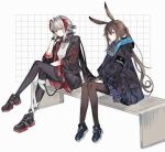  2girls amiya_(arknights) animal_ears arknights ascot bench black_footwear black_gloves black_jacket black_pantyhose black_scarf blue_eyes blue_skirt breasts brown_hair crossed_legs demon_girl demon_horns gloves grey_ascot grey_hair grey_shirt hair_between_eyes head_rest hood hood_down hooded_jacket horns jacket long_hair multiple_girls pantyhose plaid plaid_skirt pleated_skirt rabbit_ears rabbit_girl red_eyes roji_(roji_xx) scar scar_on_arm scarf shirt shoes short_hair sidelocks simple_background sitting skirt sleeves_past_elbows small_breasts very_long_hair w_(arknights) white_background 