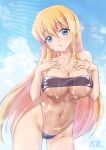  1girl :o a-plug absurdres artist_name blonde_hair blue_eyes breasts cleavage cum day gris_swimsuit highres large_breasts long_hair looking_at_viewer meme_attire navel outdoors pointy_ears sky solo swimsuit tiffania_westwood very_long_hair zero_no_tsukaima 