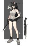  1girl absurdres animal_ears bandaid bandaid_on_arm bare_legs black_hair black_shorts black_socks breasts cigarette cleavage closed_mouth combat_knife dagger distr dog_tags full_body grey_background grey_footwear grey_shirt hair_between_eyes highres holding holding_knife holding_weapon knife long_hair medium_breasts mouth_hold original scar scar_on_cheek scar_on_face shirt shoes short_shorts shorts signature smoke smoking socks solo standing weapon yellow_eyes 