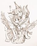  2girls :t animal_ears bird_wings braid cape cheek_squash commentary feathered_wings hug kaenbyou_rin looking_at_viewer menotama monochrome multiple_girls nekomata reiuji_utsuho seiza sitting tail touhou twin_braids wings 