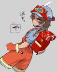  1girl atte_nanakusa backpack bag blue_eyes blue_shirt braid brown_hair child clenched_hands closed_mouth defender_(atte_nanakusa) dutch_angle from_behind frown glaring gloves grey_background hardhat helmet highres looking_at_viewer looking_back orange_gloves orange_overalls original overall_shorts overalls scowl shirt short_sleeves simple_background solo twin_braids 