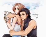  1boy 1girl aerith_gainsborough artist_name bangs bare_arms black_hair black_pants blue_eyes blue_shirt braid braided_ponytail breasts brown_hair cloud cloudy_sky crisis_core_final_fantasy_vii dress final_fantasy final_fantasy_vii flower green_eyes hair_ribbon hair_slicked_back hand_on_another&#039;s_arm highres holding holding_flower hug hug_from_behind long_hair looking_back medium_breasts medium_hair pants parted_bangs pink_ribbon ribbon scar scar_on_cheek scar_on_face shirt sky sleeveless sleeveless_turtleneck smile turtleneck white_dress yco_030601 zack_fair 