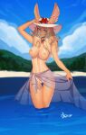  1girl bikini_tan black_choker blonde_hair blue_sky blush breasts choker closed_mouth day distr ears_through_headwear female_pubic_hair final_fantasy final_fantasy_xiv flower hand_on_headwear hat hat_flower highres large_breasts long_hair looking_at_viewer nipples nude ocean outdoors pubic_hair pussy red_flower sarong signature sky smile solo sun_hat tan tanlines thigh_gap viera wading white_headwear yellow_eyes 