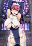  1girl :d absurdres armpits arms_up breasts english_commentary habit heterochromia highres hololive houshou_marine huge_breasts nun pelvic_curtain red_eyes red_hair smile solo thighhighs virtual_youtuber white_garter_belt white_thighhighs xkit yellow_eyes 