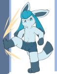  2022 3_toes 4_fingers anthro black_nose blue_body blue_bottomwear blue_clothing blue_eyes blue_fur blue_inner_ear blue_shorts blush blush_lines bottomwear bulge clothed clothing detailed_bulge digital_drawing_(artwork) digital_media_(artwork) dipstick_tail eeveelution eye_glint feet fingers fur generation_4_pokemon genital_outline glaceon gloves_(marking) hi_res humanoid_genitalia kick leg_markings looking_at_viewer male markings narrowed_eyes navel nintendo oob penis_outline pokemon pokemon_(species) pouting shorts shorts_only socks_(marking) solo standing tail_markings toes topless triangle_nose video_games 