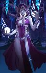  1girl absurdres bare_shoulders breasts closed_mouth colored_skin distr dress ears_through_headwear elf energy_ball grey_skin hand_up highres large_breasts long_eyebrows looking_at_viewer magic night_elf_(warcraft) nightborne pointy_ears purple_dress signature smile solo thalyssra thigh_gap warcraft white_eyes white_hair world_of_warcraft 