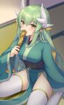  1girl aqua_hair aqua_kimono b.c breasts dragon_girl dragon_horns fate/grand_order fate_(series) hair_between_eyes hand_fan highres holding holding_fan horns indoors japanese_clothes kimono kiyohime_(fate) looking_at_viewer multiple_horns obi pelvic_curtain sash small_breasts solo tatami thighhighs white_thighhighs wide_sleeves yellow_eyes 
