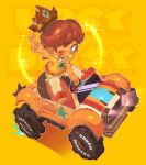  1girl absurdres baby baby_daisy blue_eyes brown_hair character_name crown driving highres mario_(series) mario_kart mario_kart_world motor_vehicle one_eye_closed onimiere orange_shoes pacifier princess_daisy shoes sparkle v 