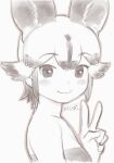  1girl :3 african_wild_dog_(kemono_friends) animal_ears bangs bare_shoulders commentary dog_ears extra_ears greyscale highres kemono_friends light_blush looking_at_viewer masuyama_ryou monochrome multicolored_hair portrait short_hair sketch smile solo v 