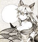  1girl animal_ears bangs breasts brooch cleavage closed_mouth commentary_request dress fang fang_out full_moon graphite_(medium) greyscale hair_between_eyes hatching highres imaizumi_kagerou jewelry ke-su large_breasts long_hair long_sleeves looking_at_viewer monochrome moon off-shoulder_dress off_shoulder shikishi smile solo split_mouth tail touhou traditional_media upper_body wolf wolf_ears wolf_girl wolf_tail 