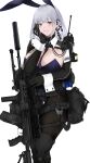  1girl absurdres animal_ears bag between_breasts black_leotard breasts cleavage cowboy_shot earpiece fake_animal_ears girls&#039;_frontline gun hand_on_own_face highres holding holding_gun holding_weapon id_card leotard light_machine_gun necktie necktie_between_breasts pantyhose playboy_bunny purple_eyes pz-15 rabbit_ears rpk-16 rpk-16_(girls&#039;_frontline) short_hair strapless strapless_leotard walkie-talkie weapon white_hair wrist_cuffs 