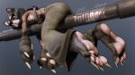 3d_(artwork) 5_toes absurd_res ambiguous_gender anthro bear big_feet black_bear breasts clothing costume countershade_feet countershading digital_media_(artwork) feet foot_focus hi_res humanoid iglooder lying mammal on_front patina_(iglooder) side_boob simple_background soles solo tank_(vehicle) toes ursine vehicle