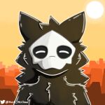  black_body black_fur changed_(video_game) chest_tuft eyes_closed fur happy hush_mccloud male mask puro_(changed) signature skull_mask solo sun sunset tuft white_body 