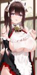  1girl absurdres animal_ears apron azur_lane bell blush breasts brown_hair clothes_lift cow_ears cow_horns cowbell detached_sleeves frills highres horns indoors kashino_(azur_lane) large_breasts lifted_by_self long_hair looking_at_viewer maid_apron maid_headdress neck_bell official_alternate_costume parted_lips purple_eyes raised_eyebrows sakkama shirt_lift skindentation skirt skirt_lift solo underboob window 