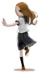  1girl absurdres brown_eyes brown_footwear from_behind highres karakai_jouzu_no_takagi-san long_hair looking_at_viewer school_uniform serafuku shoes simple_background skirt solo standing standing_on_one_leg takagi-san white_background yamamoto_souichirou 