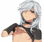  1boy black_choker black_gloves blush choker closed_mouth clothes_lift cyno_(genshin_impact) fingerless_gloves genshin_impact gloves grey_hair hair_over_one_eye kaawaisann lifting_own_clothes long_hair looking_at_viewer male_focus nipples red_eyes shirt_lift short_sleeves simple_background solo upper_body white_background 