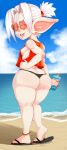 2025 5_fingers absurd_res albino anklet areola beach bianca_(nerdbayne) big_butt bikini bikini_bottom bottom_heavy breasts butt clothed clothing colored_nails day eyewear feet female fingers flip_flops footwear goblin hair hand_on_side heart_sunglasses hi_res holding_object holding_sunscreen huge_butt humanoid humanoid_pointy_ears jewelry looking_back nails nerdbayne nipples not_furry open_mouth open_smile outside pale_body pale_skin pear-shaped_figure plantigrade pointy_ears raised_heel red_eyes red_nails sand sandals sea seaside sharp_teeth shirt shoes short_stack side_boob signature sky small_breasts smile soles solo sunglasses sunscreen swimwear tank_top teeth thick_thighs tied_hair topwear two-piece_swimsuit water white_body white_hair white_skin wide_hips