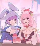  2girls absurdres bell breasts cake chinese_commentary cleavage commentary_request detached_sleeves diamond-shaped_pupils diamond_(shape) dress elf elysia_(herrscher_of_human:_ego)_(honkai_impact) elysia_(honkai_impact) elysia_(peachy_spring)_(honkai_impact) flower food hair_bell hair_flower hair_ornament highres holding holding_spoon honkai_(series) honkai_impact_3rd large_breasts long_hair multiple_girls official_alternate_costume original pink_hair pointy_ears purple_eyes purple_hair rabbit_ear_headwear red_dress short_hair situnainaisheng spoon symbol-shaped_pupils very_long_hair 