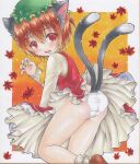  1girl anger_vein animal_ears ass autumn autumn_leaves cat_ears cat_tail chen claw_pose earrings falling_leaves fang highres jewelry leaf leaf_background maple_leaf multiple_tails nekomata shikishi skin_fang tail touhou traditional_media tsugumi_(tky-fam) underwear 
