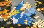  afloat arrokuda beak bird closed_eyes commentary_request cramorant day fish leaf lico_(sasya_k) no_humans outdoors pokemon pokemon_(creature) water 