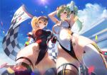  2girls absurdres arm_behind_back armband armpits arms_behind_head artist_request bad_source black_gloves black_leotard black_thighhighs blonde_hair blue_eyes blue_sky blush breasts cameltoe car checkered_flag clothes_writing cloud confetti cowboy_shot crotch_zipper curvy day detached_sleeves elbow_gloves emily_(master_of_eternity) english_text eyewear_on_head fingerless_gloves flag from_below glint gloves green_hair hat heart heart-shaped_eyewear high_ponytail highleg highleg_leotard highres holding holding_flag jacket jeanie_(master_of_eternity) large_breasts leotard looking_at_viewer master_of_eternity mole mole_on_pussy mole_under_eye motor_vehicle multicolored_leotard multiple_girls off_shoulder one_eye_closed open_clothes open_jacket outdoors partially_visible_vulva pink_nails ponytail qr_code race_queen race_vehicle racecar racetrack red_hat red_leotard single_detached_sleeve skin_tight skindentation sky smile spoiler_(automobile) sun sweat swept_bangs tattoo thick_thighs thighhighs thighs two-tone_leotard variant_set visor_cap white_jacket white_leotard white_sleeves white_thighhighs yellow_eyes 